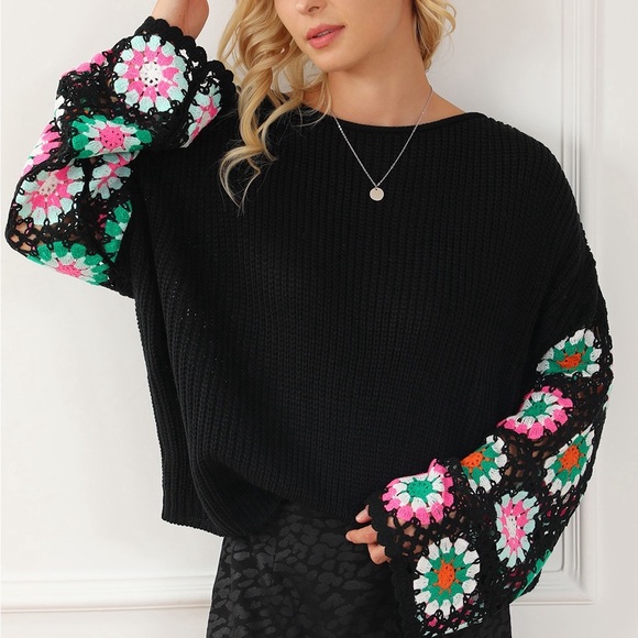 Black Floral Crochet Bell Sleeve Loose sweater Bohemian Blouse - Picture 6 of 16